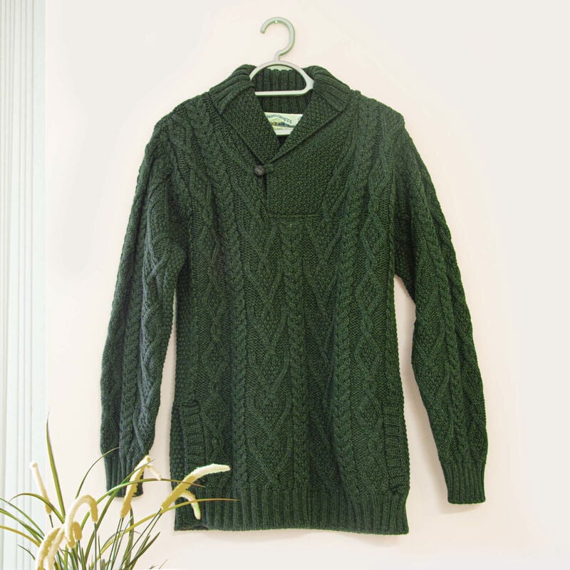 Shawl Collar Aran Sweater Green